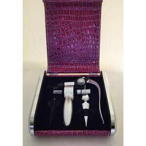 Wine Opener Kit-Purple Faux Alligator-Silver Tone Edges-Lever Opener-Stopper